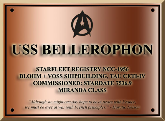The commissioning dedication plaque of the Miranda-class light cruiser USS Bellerophon NCC-1956